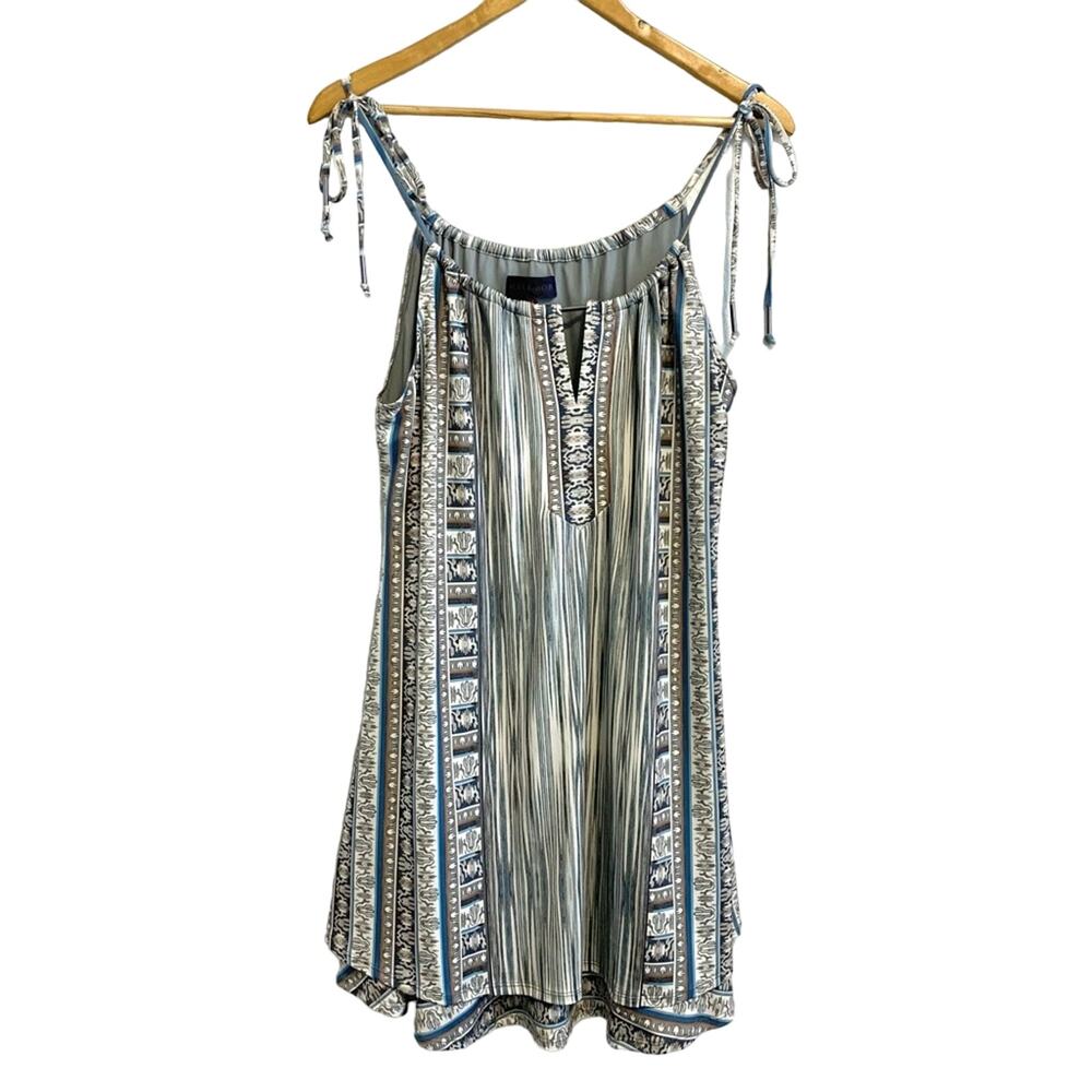 Hale Bob Blue and Brown Patterned Striped Boho Swing Mini Dress